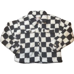 Wondernation - Girls Cozy Sherpa Shacket -Chocolate Brown Checkers - Size L -NWT